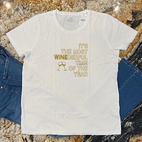 **NWT J. Crew White W/Gold "Wine" Christmas Graphic Tee - Picture 2 of 9